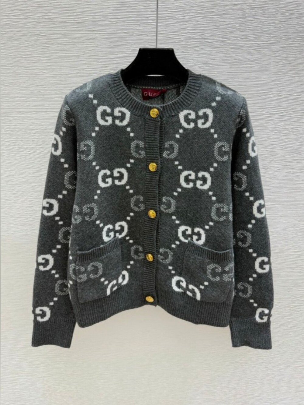 Gucci Charcoal Gray Logo-Pattern Wool Cardigan with Gold Buttons